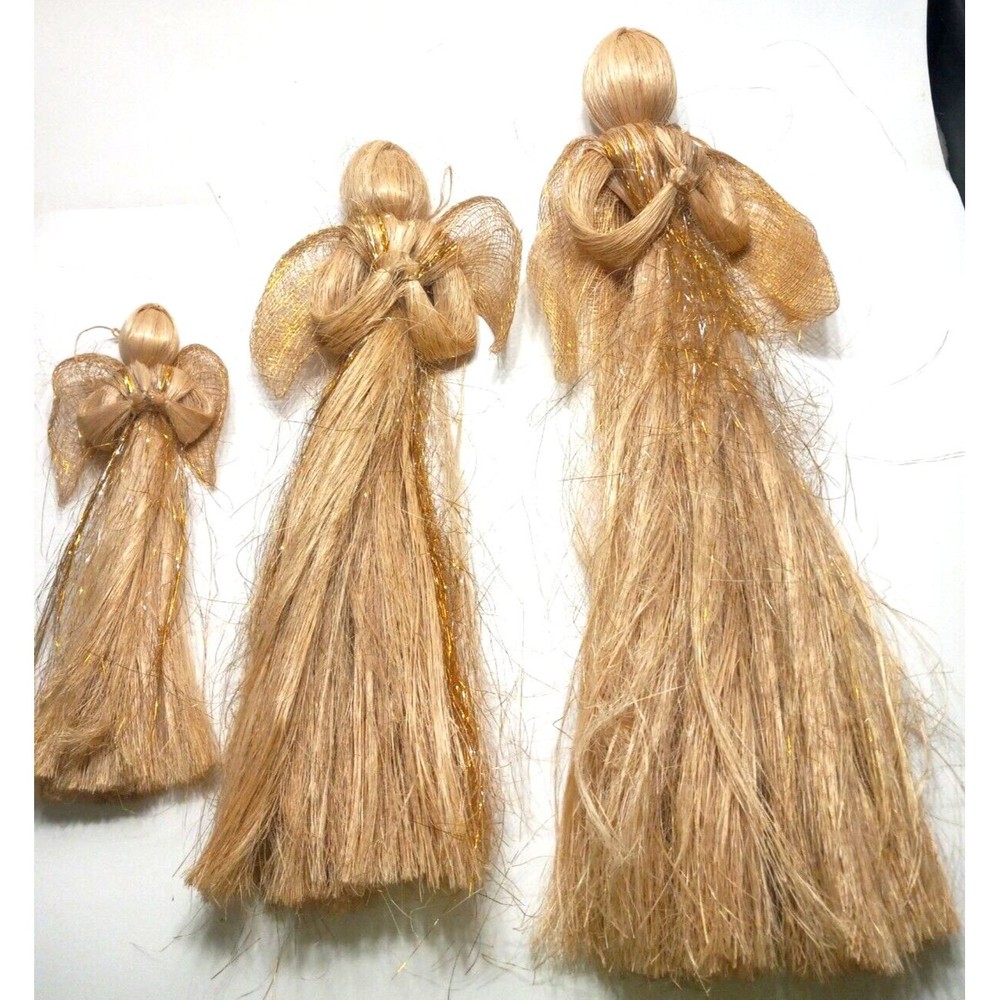 Set of 3 Straw Angel Wall Hangers Metallic Praying Hands 24, 20, 12  Inches Vtg.